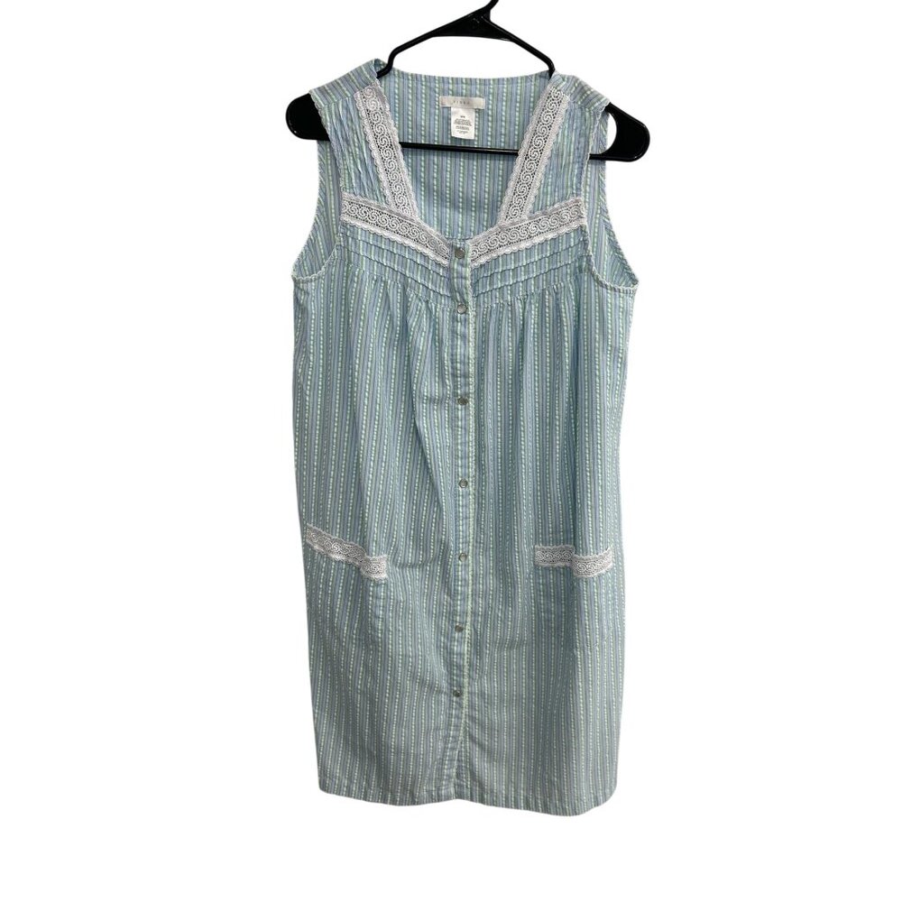 Pink K Striped Seersucker Snap Front Nightgown Blue Green Sz Medium Cottagecore